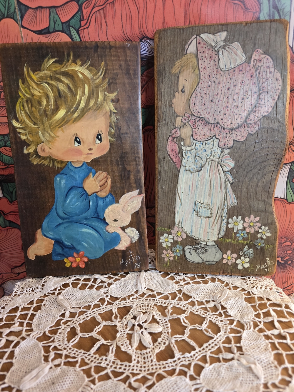 Hand-Painted Vintage Style Wall Art — Blue & Pink Children Panels